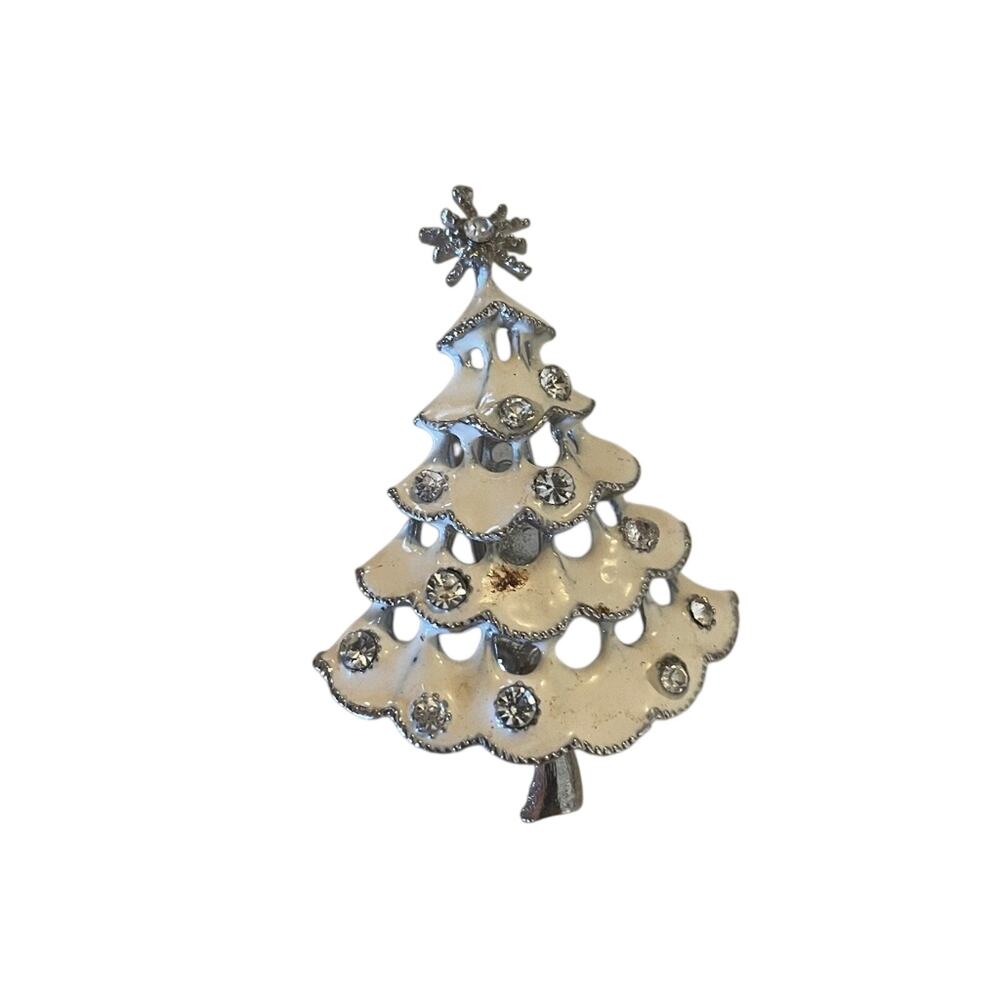 Silver and white Christmas tree pin